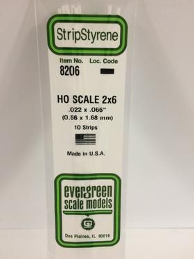 Evergreen Plastics 8206 Strips 2X6 (10) HO - Click Image to Close