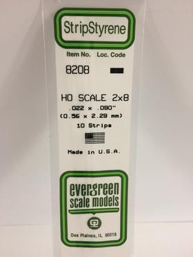 Evergreen Plastics 8208 Strips 2X8 (10) HO