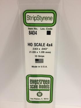 Evergreen Plastics 8404 Strips 4X4 (10) HO - Click Image to Close