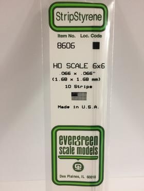 Evergreen Plastics 8606 Strips 6X6 (10) HO - Click Image to Close