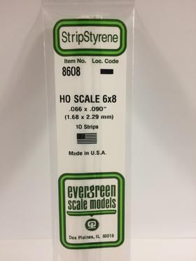 Evergreen Plastics 8608 Strips 6X8 (10) HO - Click Image to Close