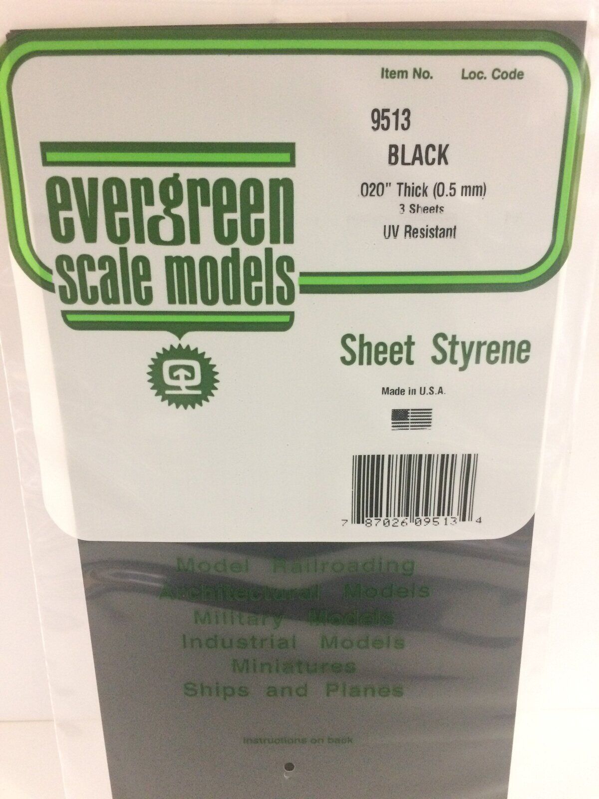 Evergreen Plastics 9513 0.5mm Black Styrene Sheets (3pcs) 6\"X 1