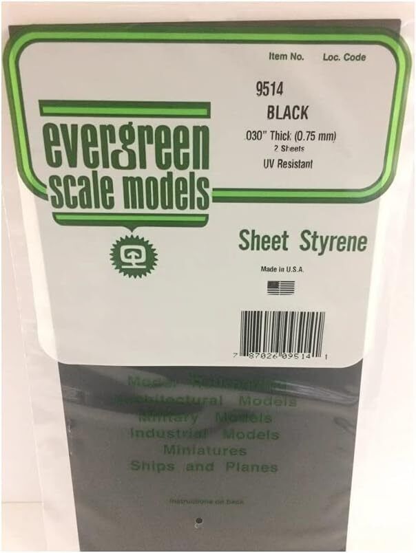 Evergreen Plastics 9514 0.75mm Black Styrene Sheets (2 pcs)6\"X1