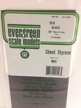 Evergreen Plastics 9516 1.5mm Black Styrene Sheet (1 pc) 6\" X 1