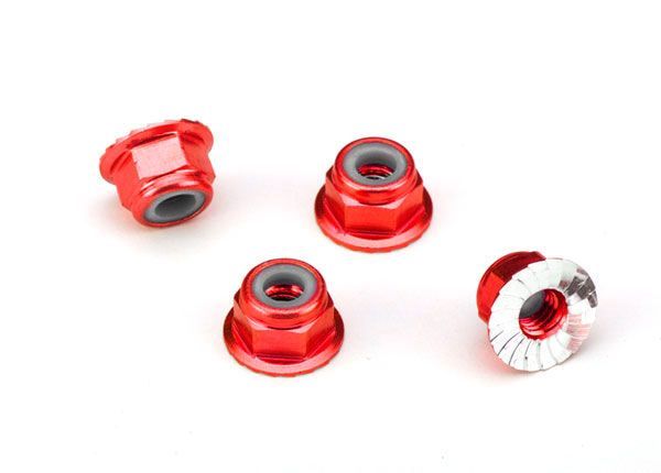 Traxxas 4mm Aluminum Flanged Serrated Nuts (Red) (4)