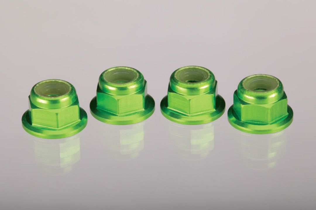 Traxxas 4mm Aluminum Flanged Serrated Nuts (Green) (4)