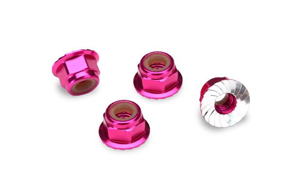 Traxxas Nuts, 4mm Aluminum, Flanged, Serrated (pink-anodized) - Click Image to Close