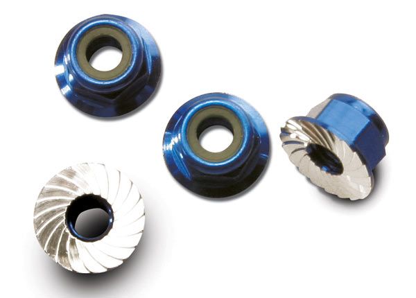 Traxxas Nuts, 4mm aluminum, flanged, serrated (Blue)